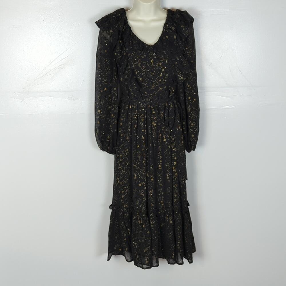 Moon River NWT Starry Print Ruffle Chiffon Midi Dress